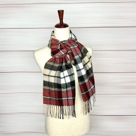 Geoffrey Beene Plaid Wool Scarf Red Gray Beige Made in Italy Vintage Unisex - Picture 8 of 9